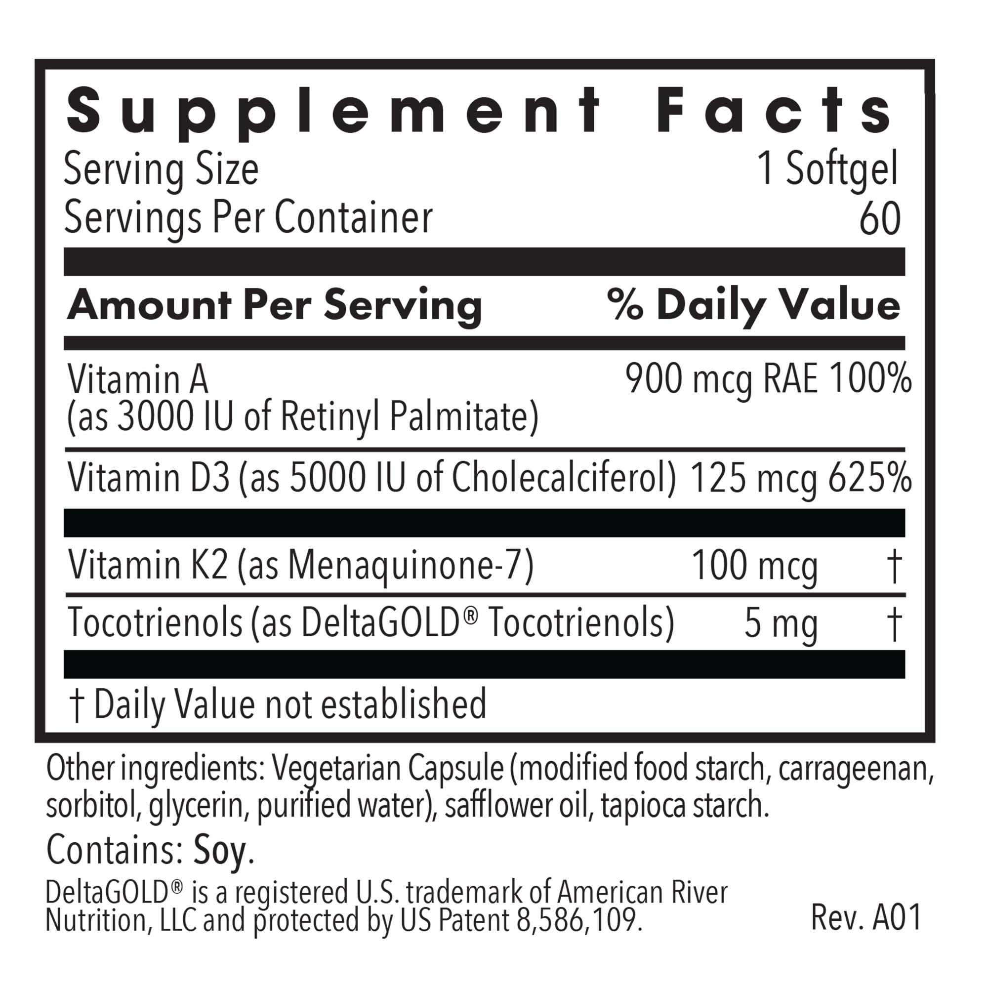 Allergy Research Group Vitamin D3 Complete label detail highlights 125 mcg D3 with A and K2.