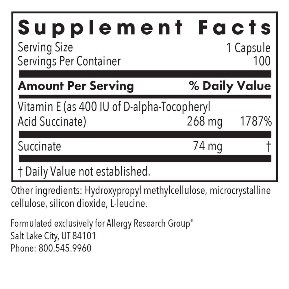 Front label of Allergy Research Group Vitamin E Succinate product
