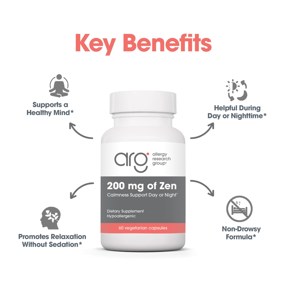 Allergy Research Group Zen bottle top with dosage information for simple daily use.