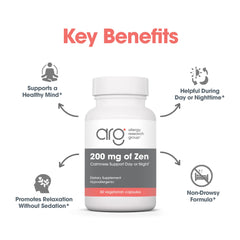 Allergy Research Group Zen bottle top with dosage information for simple daily use.