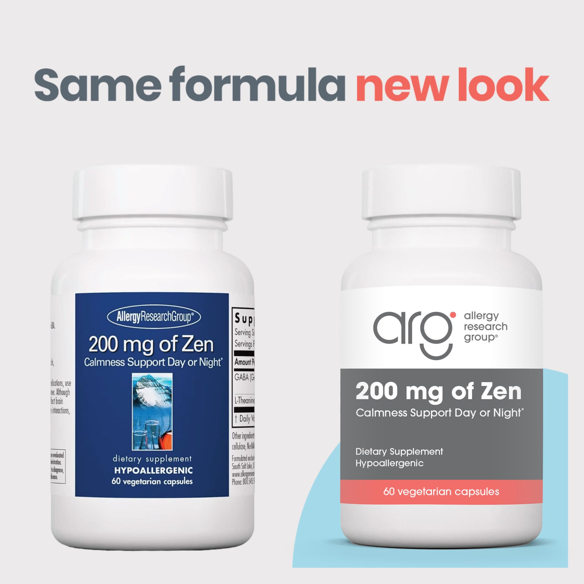 Allergy Research Group Zen label front highlighting GABA L-Theanine blend for calm focus.