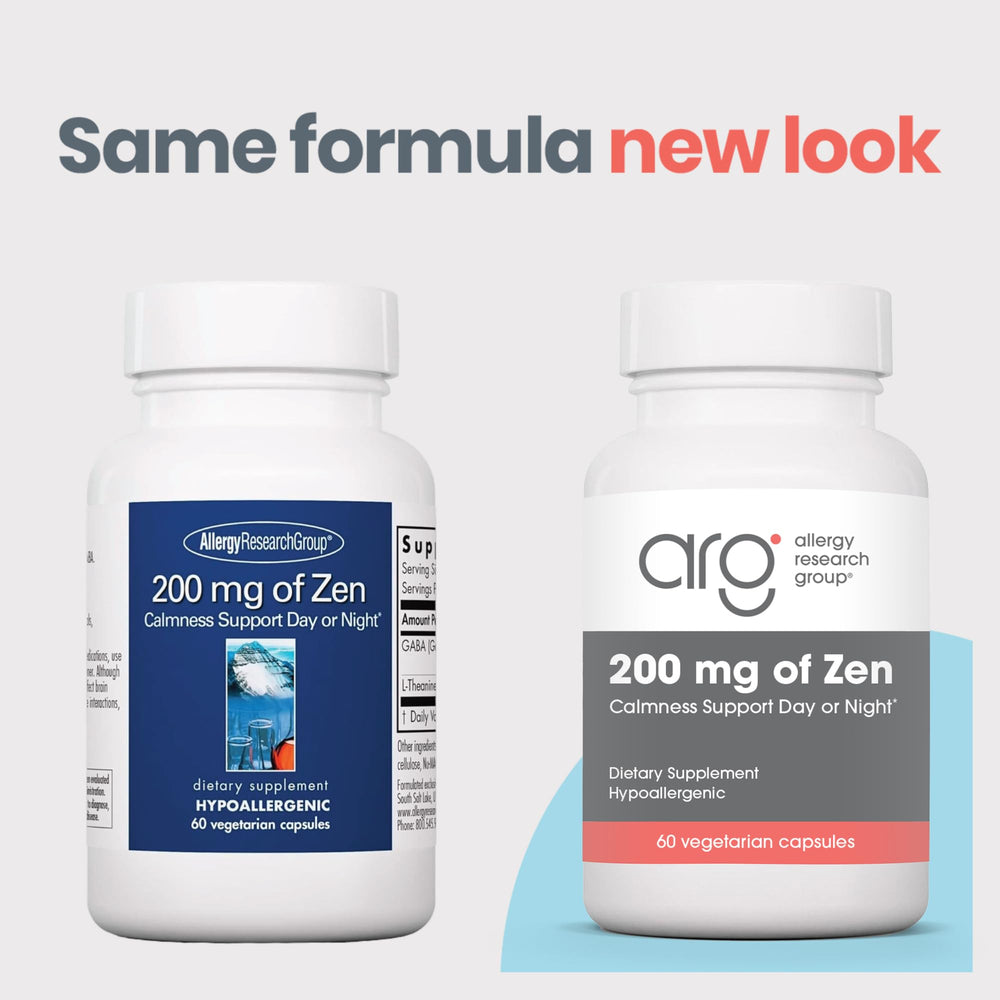 Allergy Research Group Zen label front highlighting GABA L-Theanine blend for calm focus.