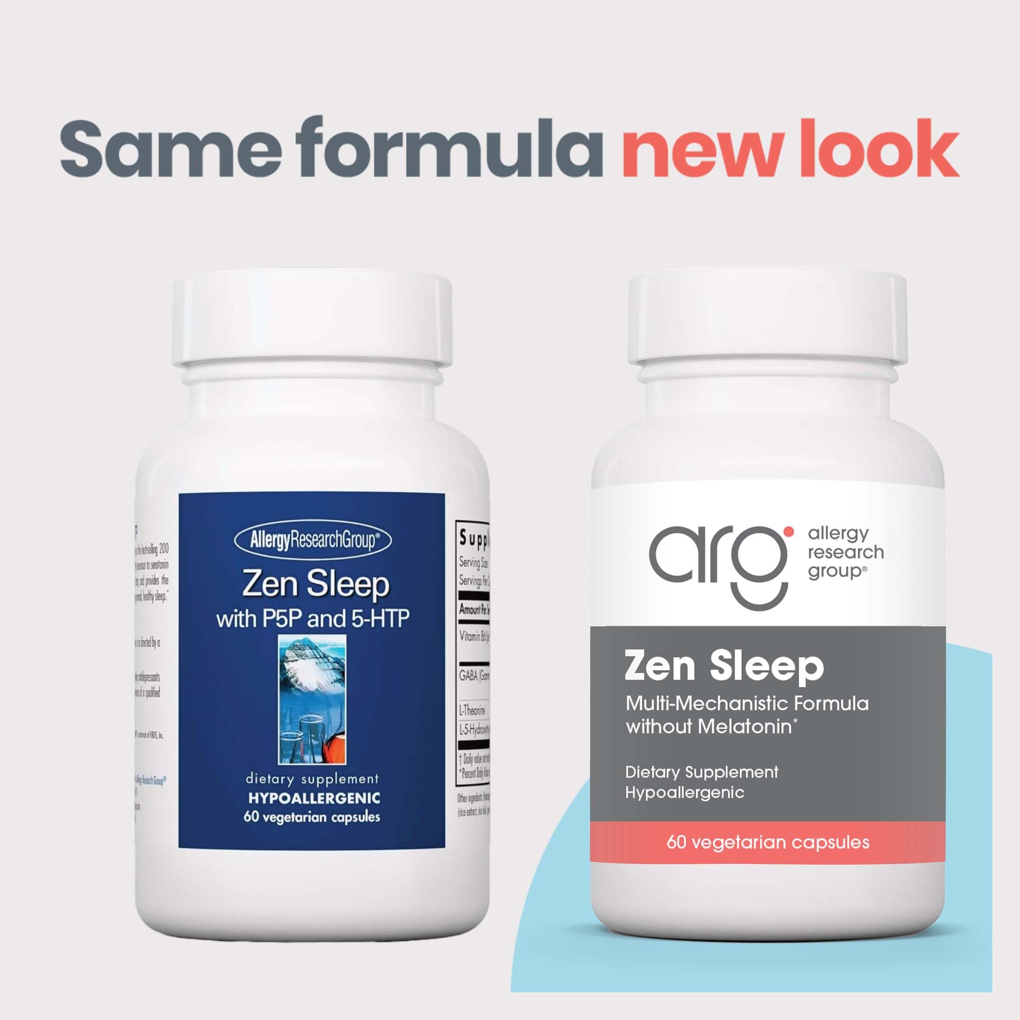 ARG Zen Sleep capsules close-up shows vegetarian, hypoallergenic formula