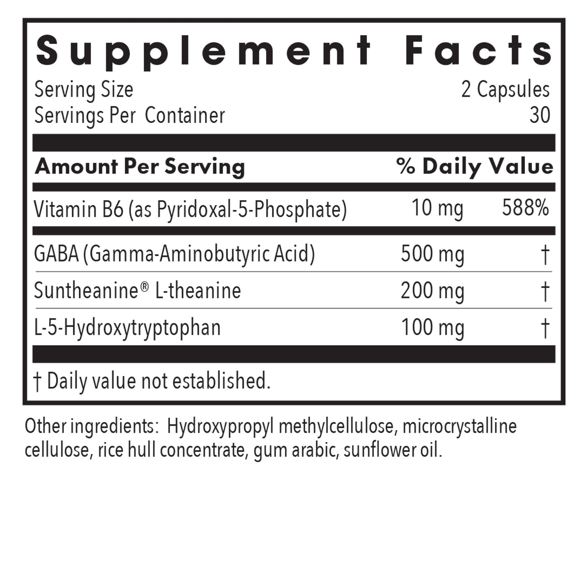 Ingredient panel featuring L-Theanine, GABA, and 5-HTP for relaxation