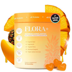 ALLFEMME Flora+ bottle with pineapple gummies for daily vaginal balance support.