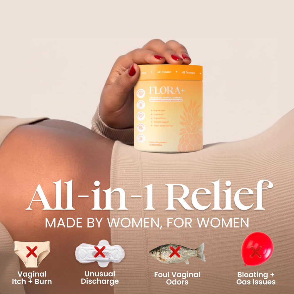 ALLFEMME Flora+ pineapple gummies close-up showing tasty, sugar-free formulation.