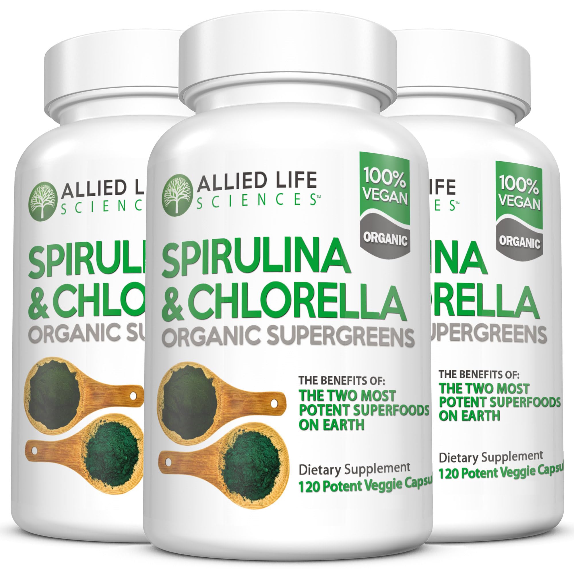 Allied Life Spirulina-Chlorella bottle pack promotes vegan nutrition.