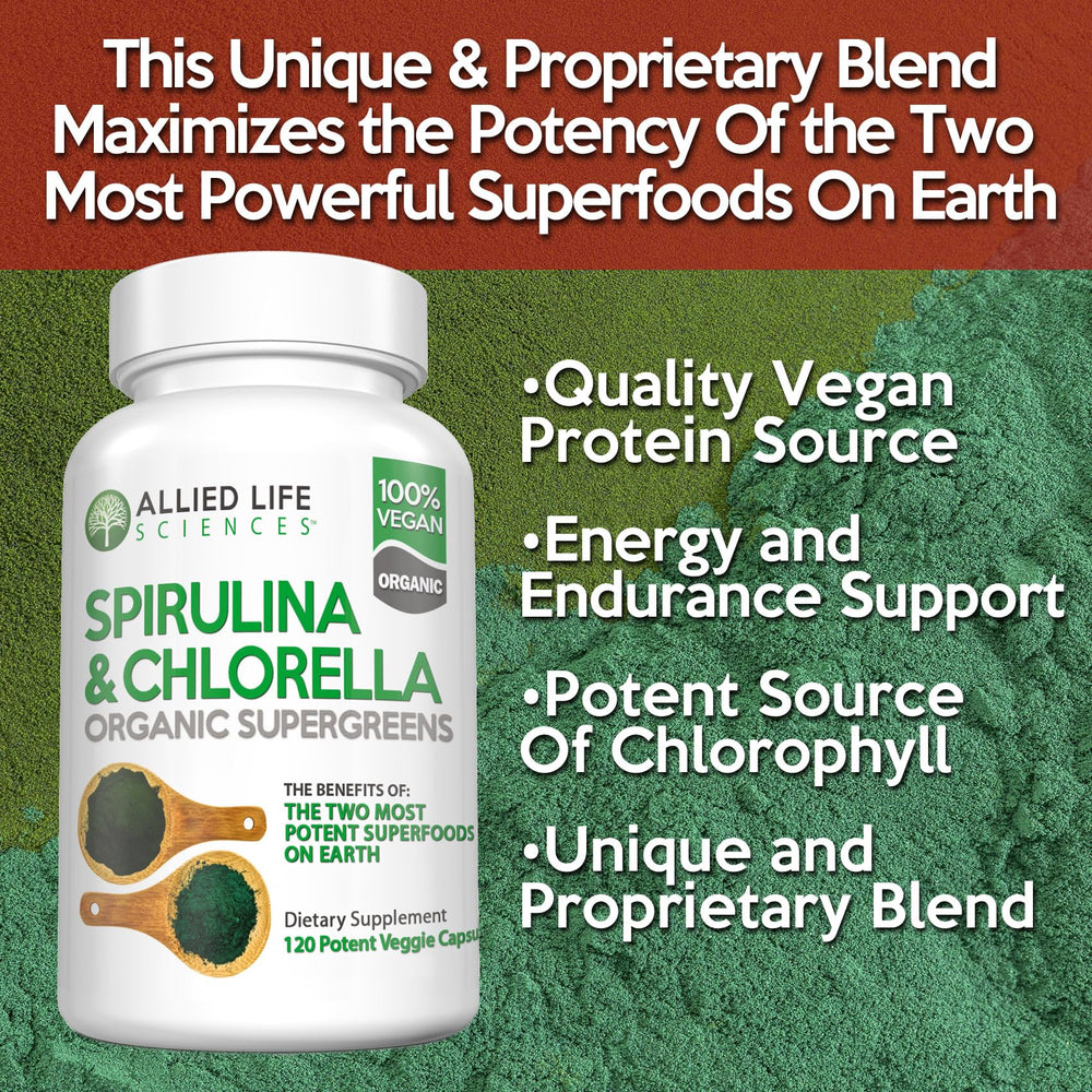 Allied Life spirulina chlorella capsules on white ready for daily use.