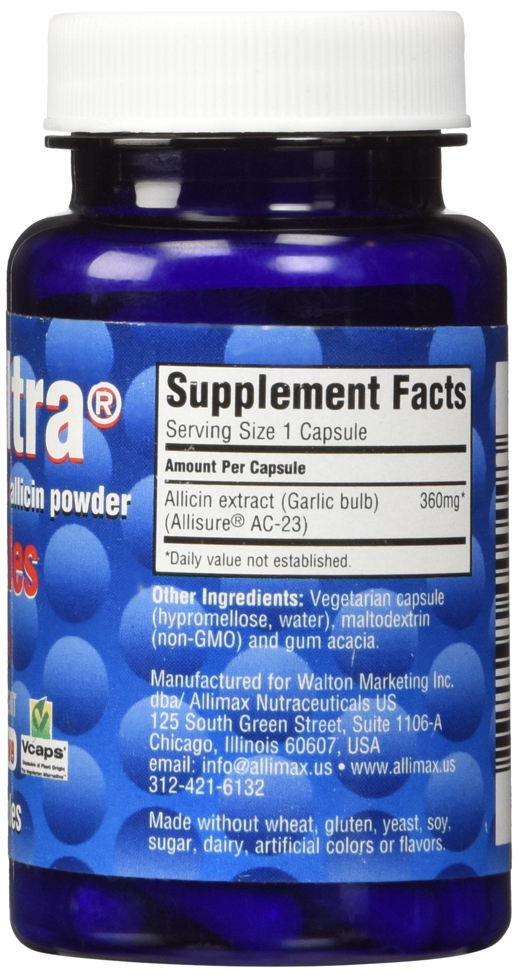 ALLIMAX AlliUltra capsules close-up, showing odorless, easy-to-swallow design.