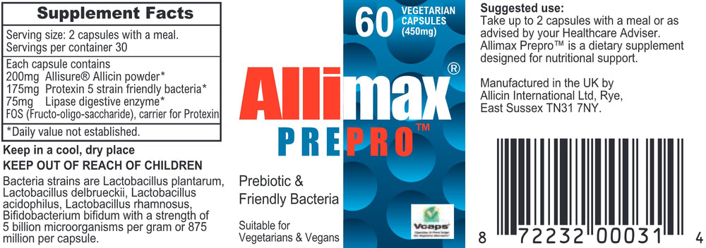 Allimax PrePro capsules in blister pack with enzyme blend for digestion