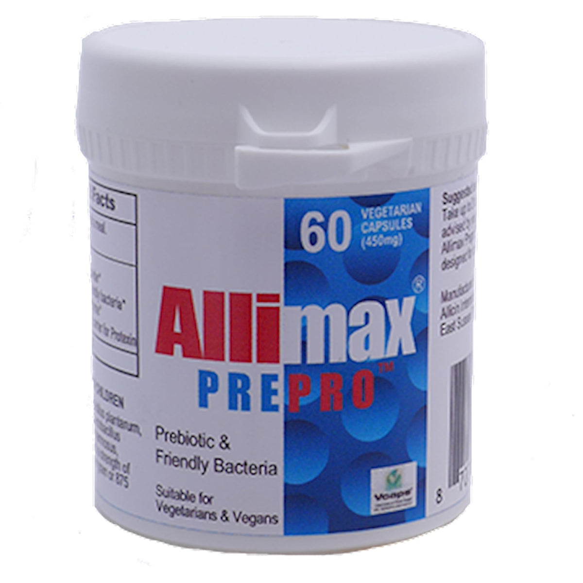 Allimax PrePro bottle with stabilized allicin capsules for daily digestive support