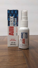 A user applying Allimax Rescue Spray to mouth and throat