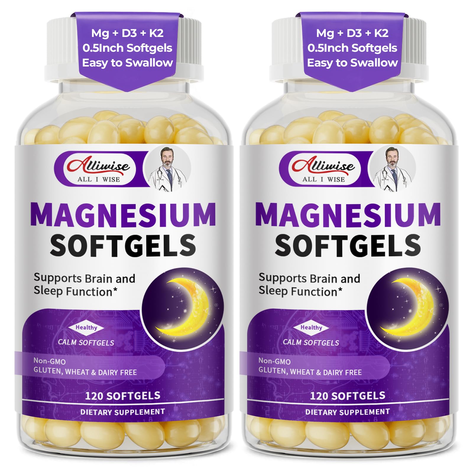 Alliwise magnesium glycinate softgels 2-pack bottle shown for easy daily use