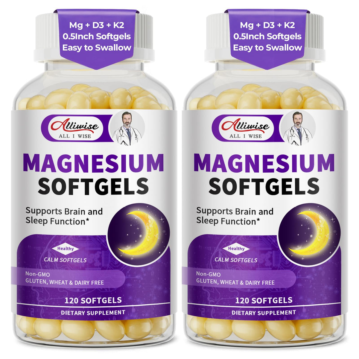 Alliwise magnesium glycinate softgels 2-pack bottle shown for easy daily use