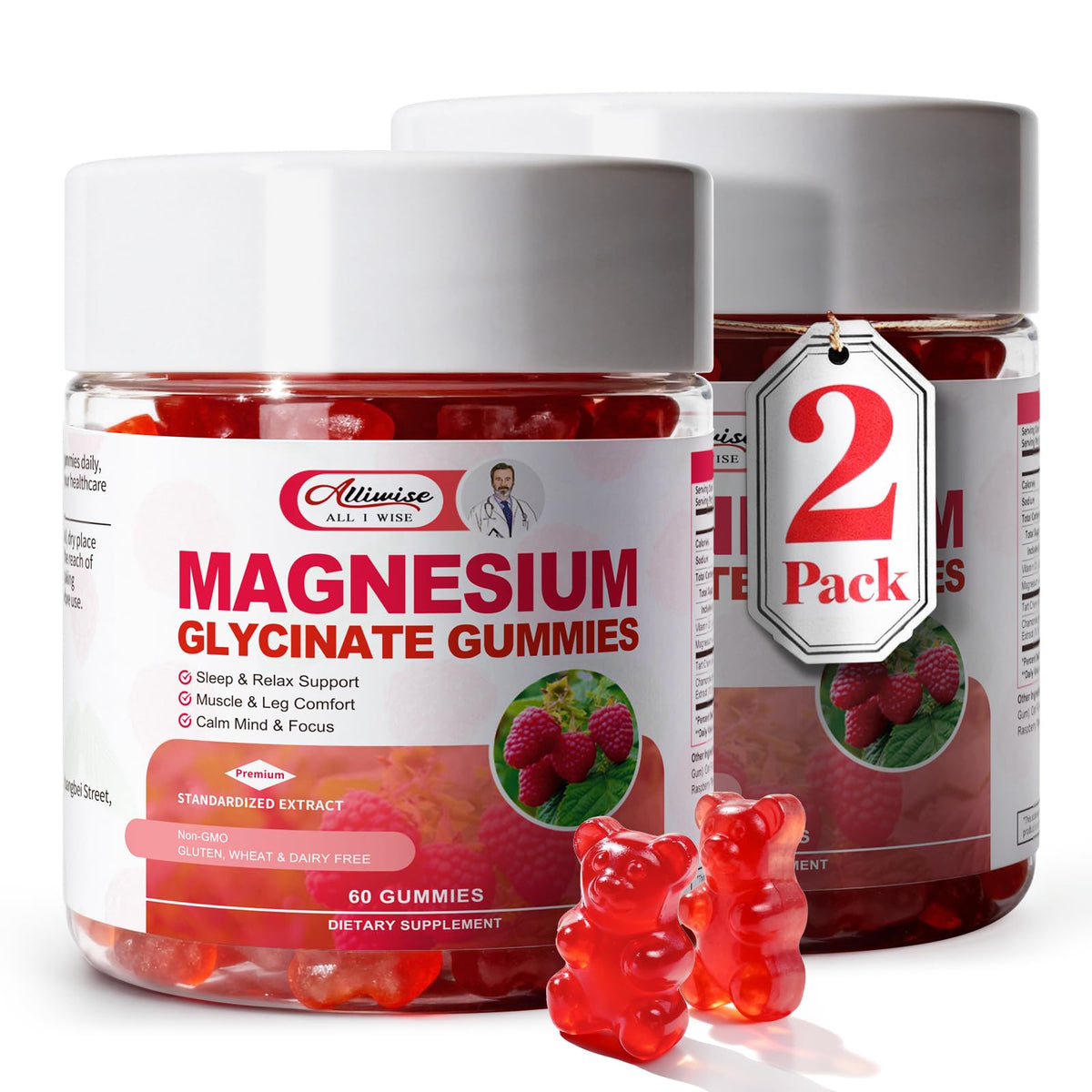 Alliwise 2-pack magnesium glycinate gummies bottle with tart cherry and chamomile for calming evenings