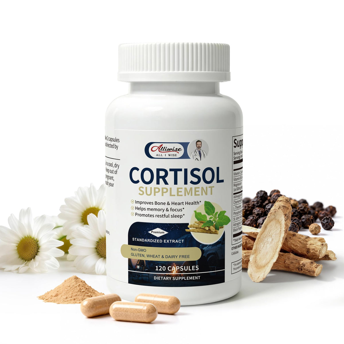 Alliwise cortisol supplements bottle front with branding for daily calm support