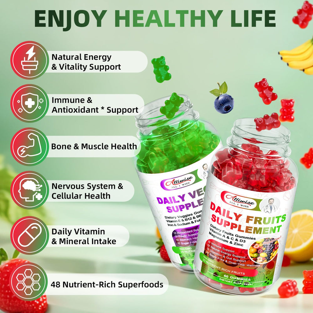 Alliwise fruits gummies with 23 fruits visual highlighting benefits