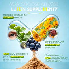Alliwise Lutein Eye Vitamins bottle on a desk for everyday use
