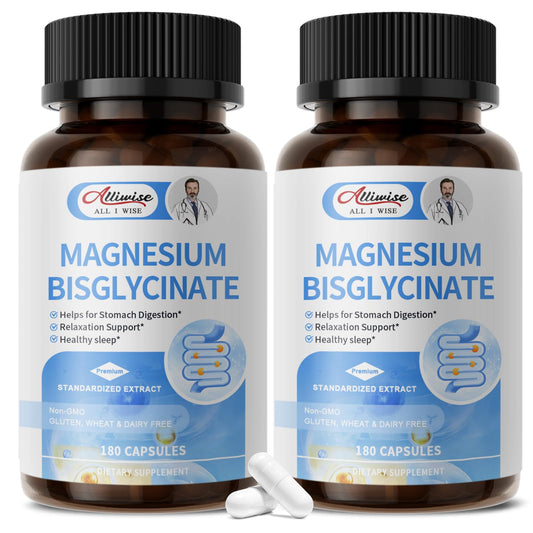 Alliwise magnesium glycinate capsules bottle: easy-to-swallow format for daily wellness