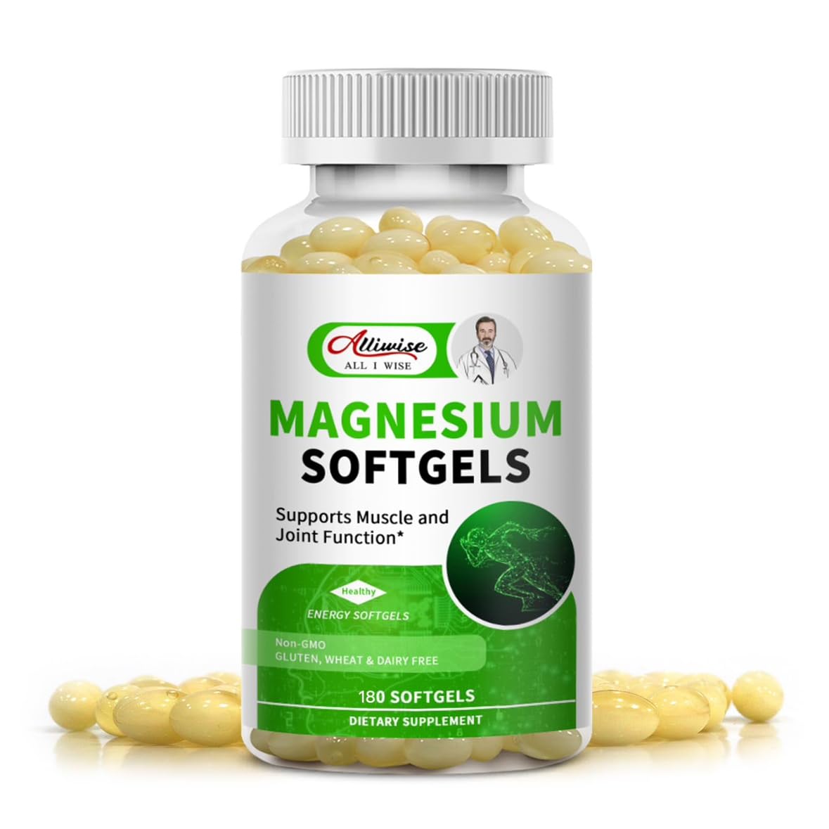 Alliwise magnesium glycinate softgel bottle highlighting high absorption formula for daily wellness.