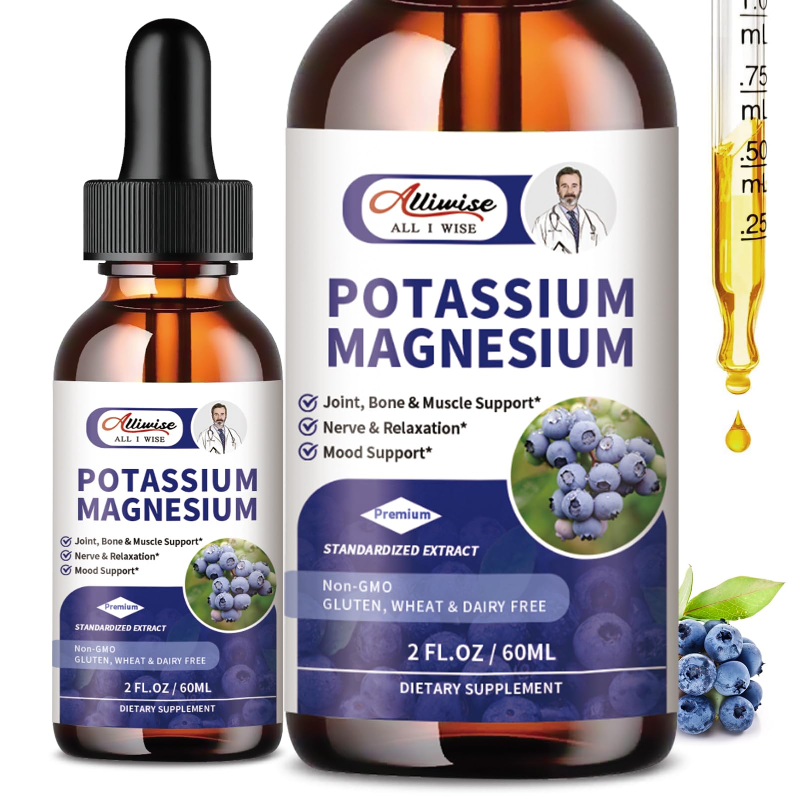 Alliwise potassium magnesium drops bottle shown for daily mineral support and flavor