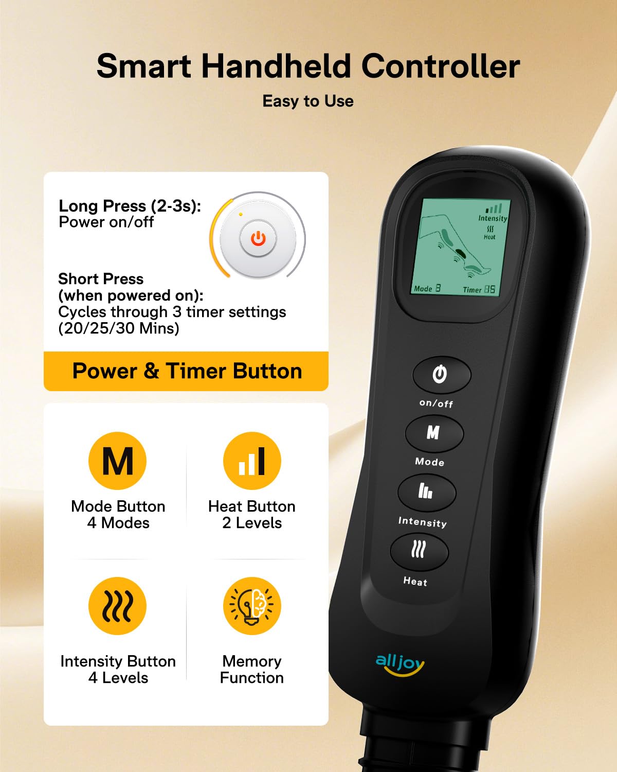 ALLJOY leg massager LCD display shows mode and timer clearly.