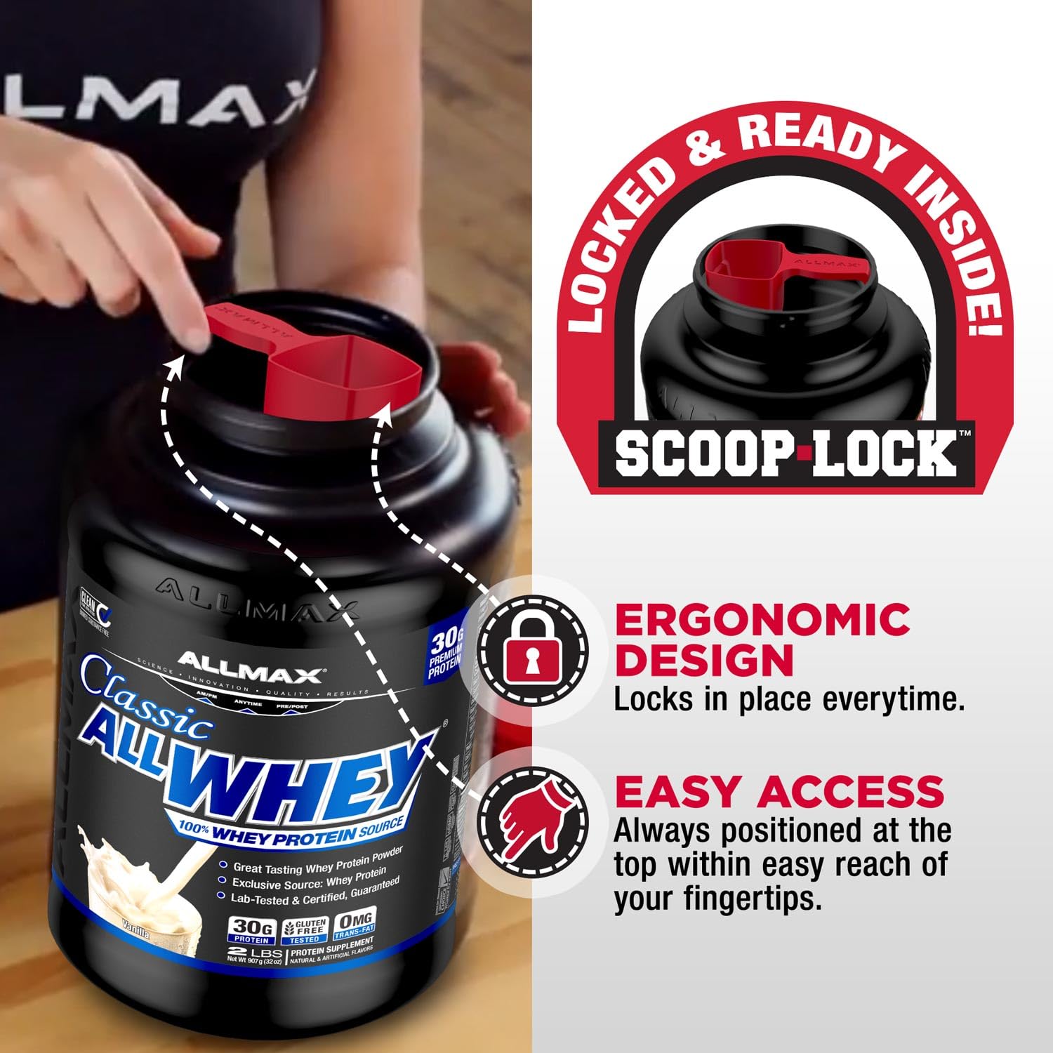 ALLMAX AllWhey Classic vanilla nutrition closeup shows protein per serving