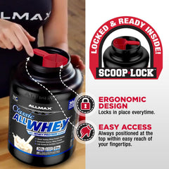 ALLMAX AllWhey Classic vanilla nutrition closeup shows protein per serving