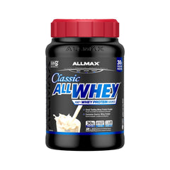 ALLMAX ALLWHEY Vanilla tub front highlighting convenient post-workout protein option