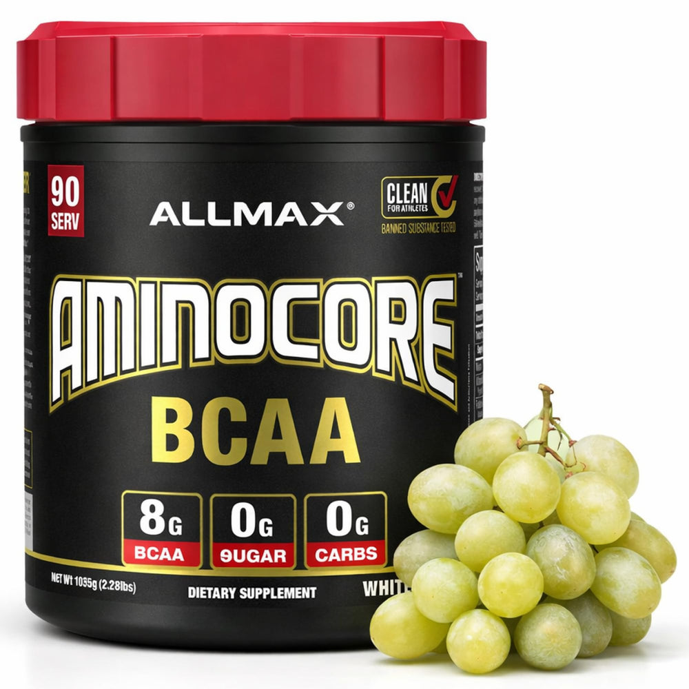 ALLMAX AMINOCORE powder container front shows sugar-free BCAA for workouts.