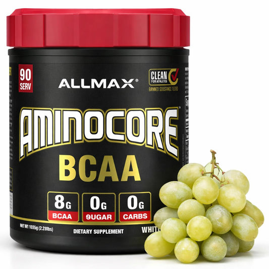 ALLMAX AMINOCORE powder container front shows sugar-free BCAA for workouts.