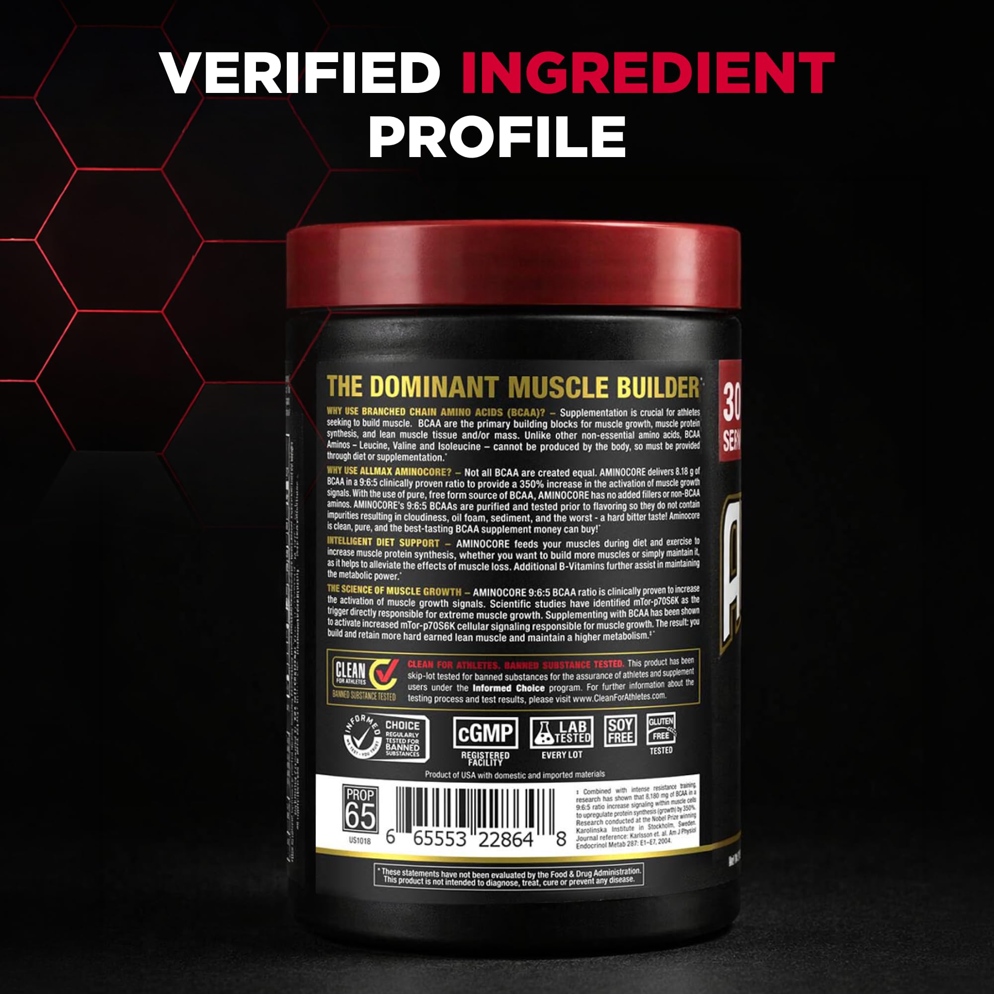 ALLMAX AMINOCORE sugar-free gluten-free formula on label.