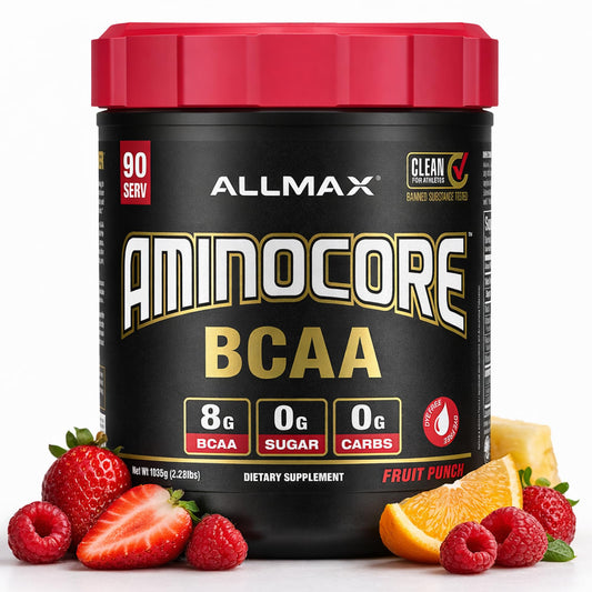 ALLMAX AMINOCORE fruit punch powder jar shows a sugar-free formula for everyday energy.