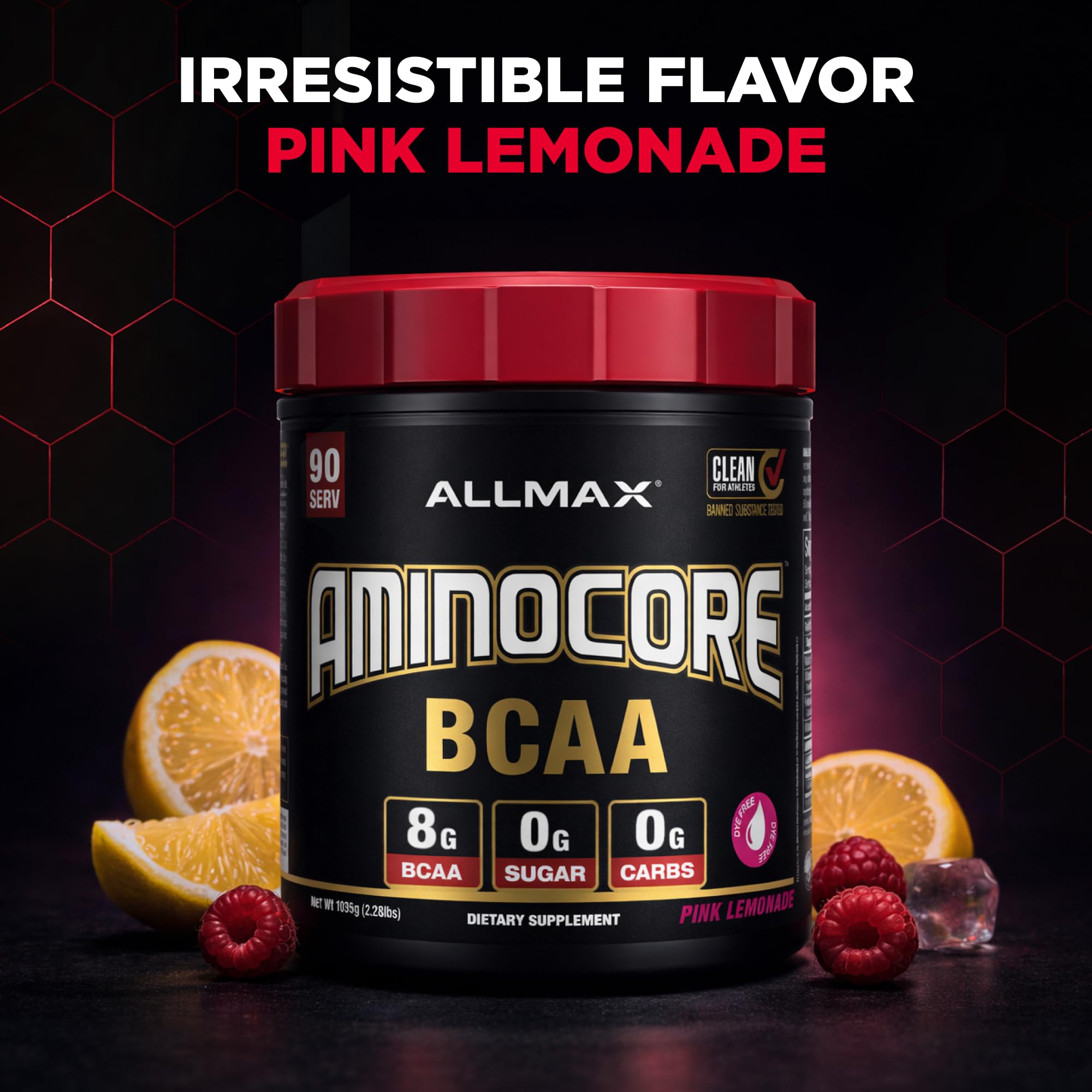 ALLMAX AMINOCORE taurine and L-carnitine label closeup emphasizes energy and endurance.