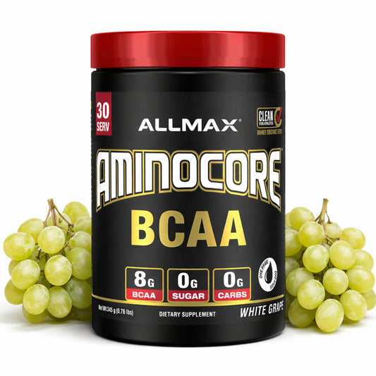 ALLMAX AMINOCORE tub label highlights sugar-free amino energy formula for workouts.