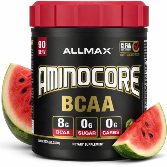 ALLMAX AMINOCORE Watermelon powder tub ready for post-workout mix