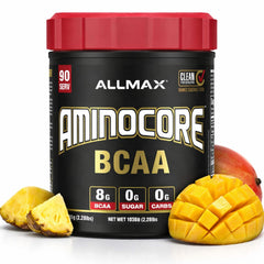ALLMAX AMINOCORE powder tub front showing sugar-free amino energy for workouts