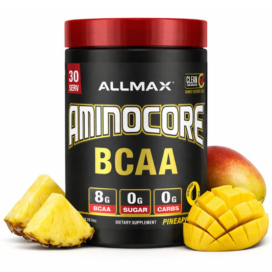 ALLMAX AMINOCORE pineapple mango tub front view for energizing workouts and daily recovery
