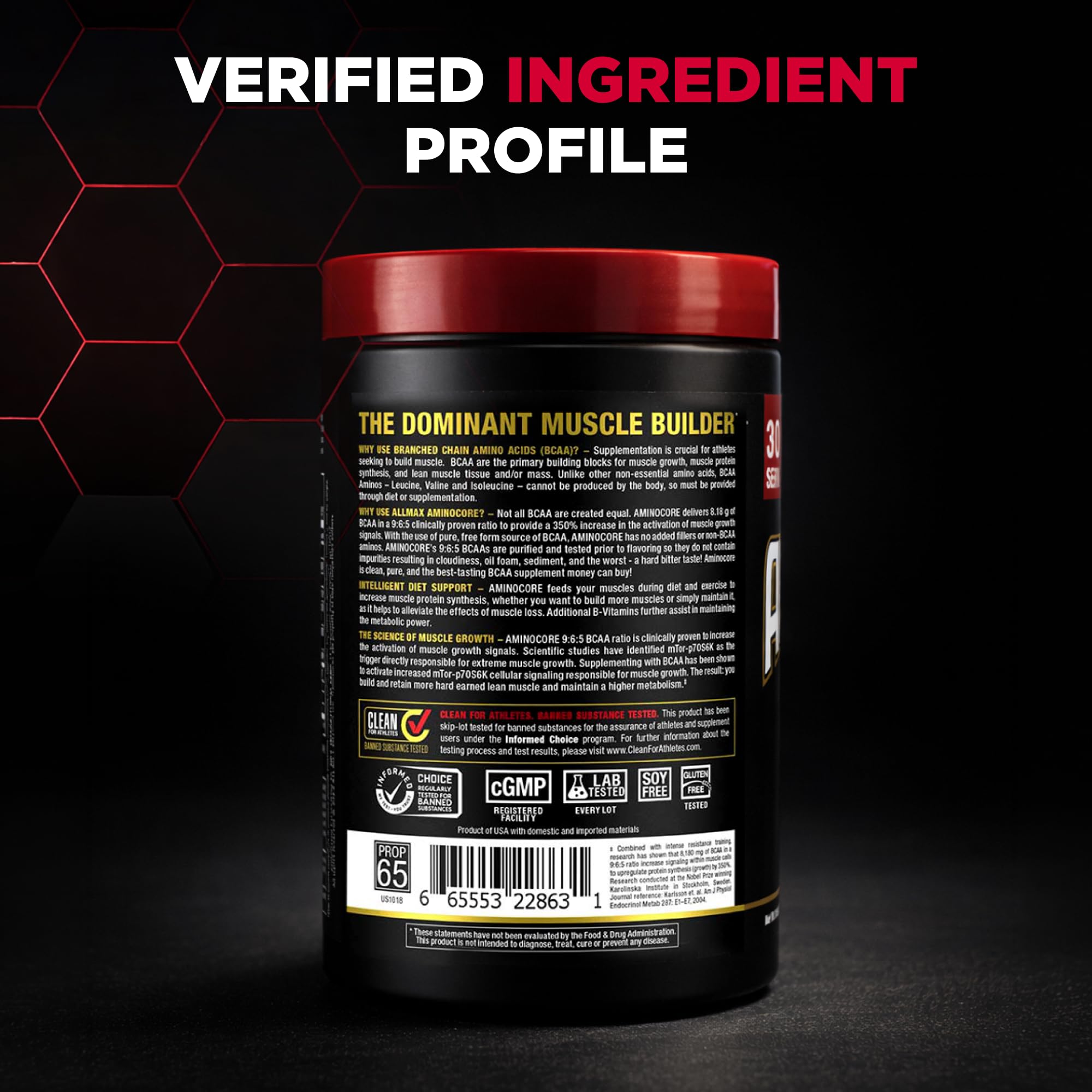 ALLMAX AMINOCORE tub in gym setting highlights convenient daily use