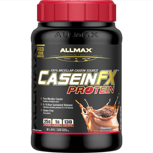 Allmax Casein-FX Chocolate bottle closeup highlights slow-release protein for overnight support.