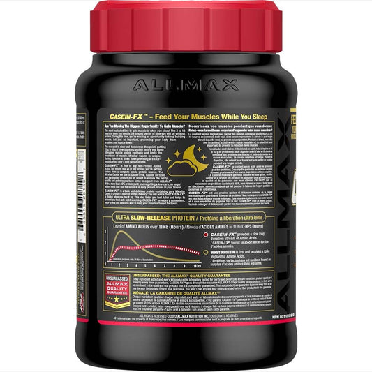 Allmax Casein-FX Chocolate scoop emphasizes a precise 25 g serving and low-carb profile.
