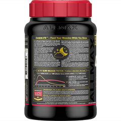 Allmax Casein-FX Chocolate scoop emphasizes a precise 25 g serving and low-carb profile.