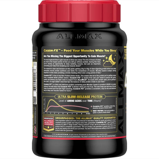 ALLMAX Casein-FX scoop pours into a shaker for a slow-digesting shake.