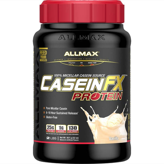 ALLMAX Casein-FX tub shows slow-release protein for overnight support.