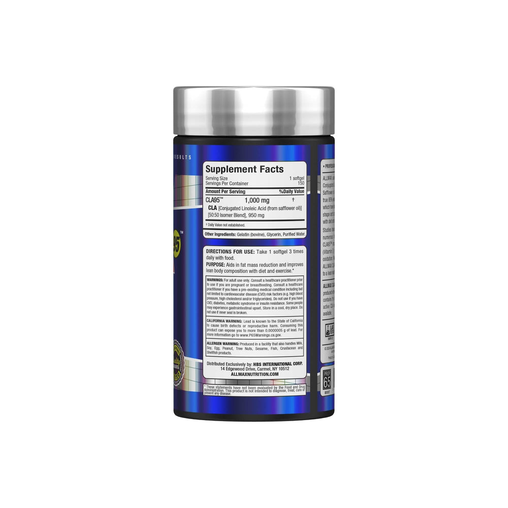 ALLMAX CLA95 softgels close-up highlighting compact daily capsules