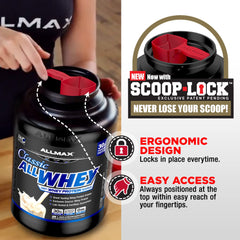 Allmax ALLWHEY chocolate cGMP facility stamp signals quality standards.