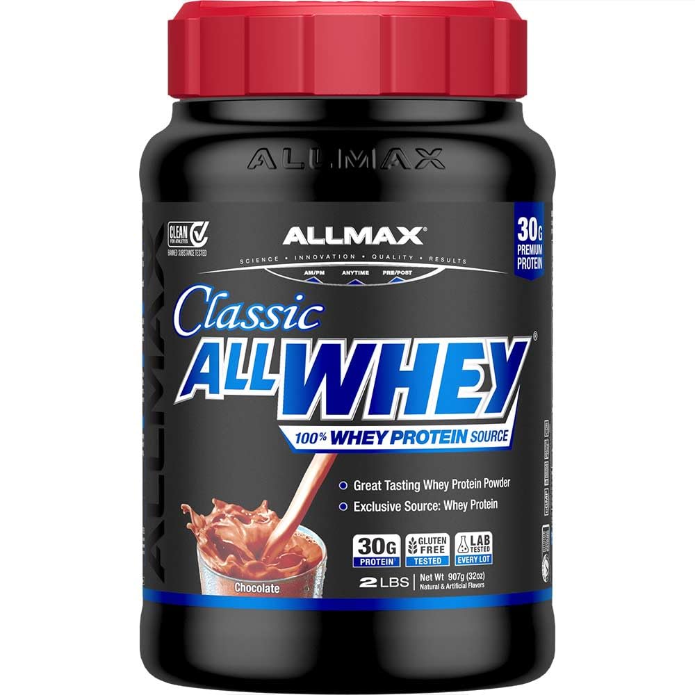 Allmax Classic ALLWHEY chocolate front jar showing protein rich formula for daily shakes.