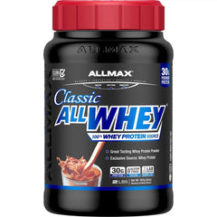 Allmax Classic ALLWHEY chocolate front jar showing protein rich formula for daily shakes.