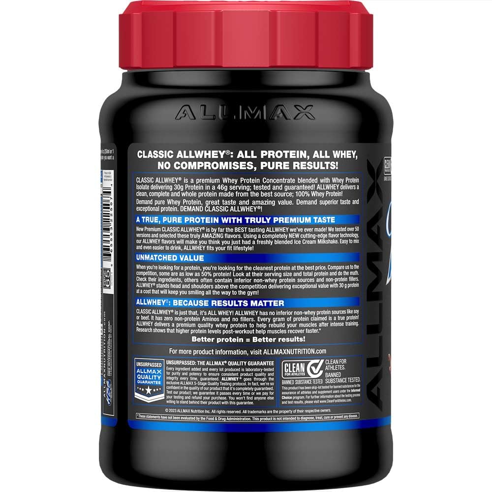 Allmax ALLWHEY chocolate label nutrition highlights gluten free protein blend.