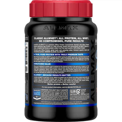 Allmax ALLWHEY chocolate label nutrition highlights gluten free protein blend.